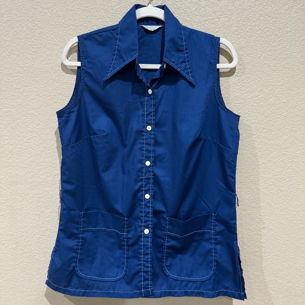 1980s Vintage Ship’n Shore Sleeveless Top M Blue Belt Loops Button Front 36